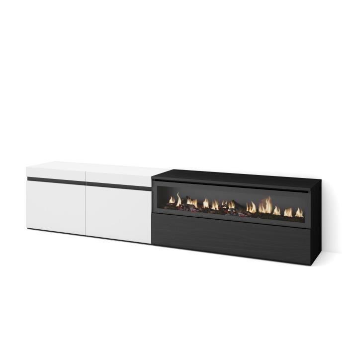 Meuble TV Banc Télé 200x35x45cm Pour les TV jusquà 80 Cheminée électrique Blanc et noir RF2175