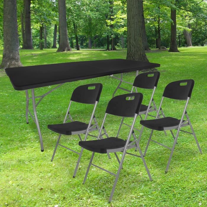 Lot Table Pliante et 4 Chaise Pliante Noires Table Camping Pliante 200x76x74cm avec 4 Chaise Pliante Camping 44x46x50 cm 10