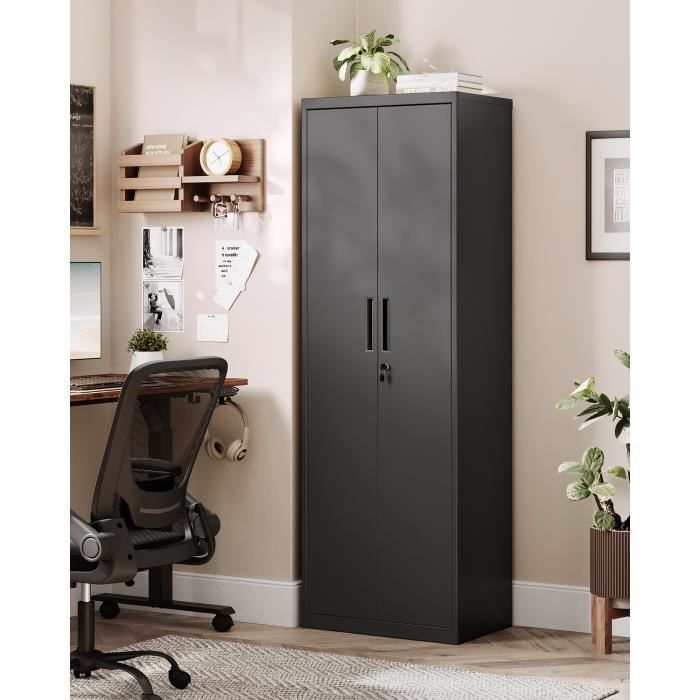 Armoire de bureau en Acier 5 Niveaux Doubles Portes Serrure Étagères Réglables pour Garage Bureau Noir Mat