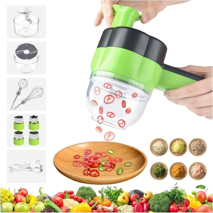Hachoir électrique 4-en-1 Sans Fil - Découpe Légumes, Viande, Râpe Et Mixeur - Batterie 1200mAh - Vert - 5