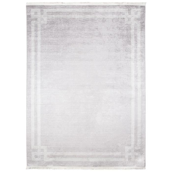TAPISO Tapis Salon Poil Court TOSCANA Gris Clair Motif Cadre Franges Polyester Intérieur 160x230 cm