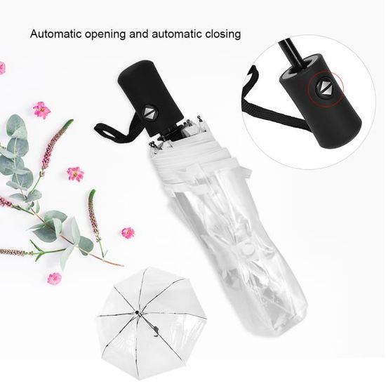 Parapluie Automatique Transparent – Pliant, Compact, Robuste – Pour Voyage, Jours De Pluie – Tissu Polyester, Poignée Caoutchouc