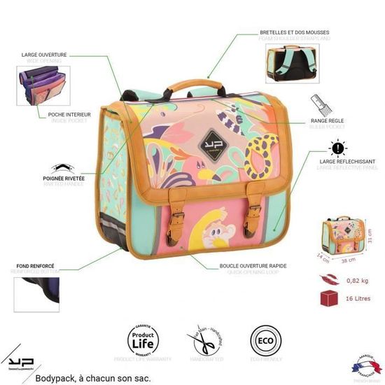 Cartable BODYPACK 38 cm recycle Jungle Vert marron et rose Enfant Primaire Vert marron et rose Cdiscount Bagagerie Maroquinerie