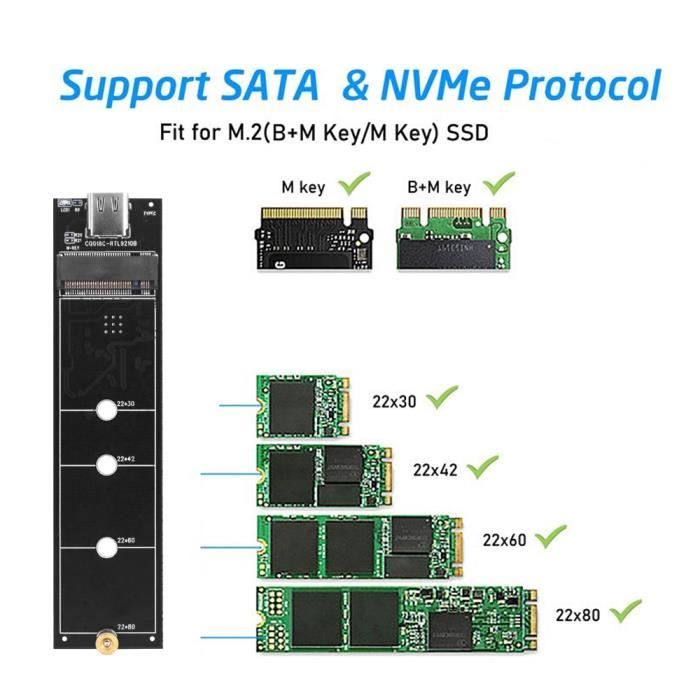Boîtier SSD Dual Protocol M.2 NVMe/NGFF(SATA) Noir - Orico