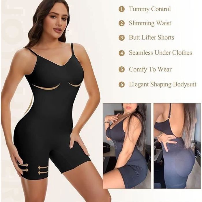 Body Sculptant Femme Dos Nu Gaine Body Ventre Plat Combinaison Moulante Sexy Bodysuit Sans Couture Noir