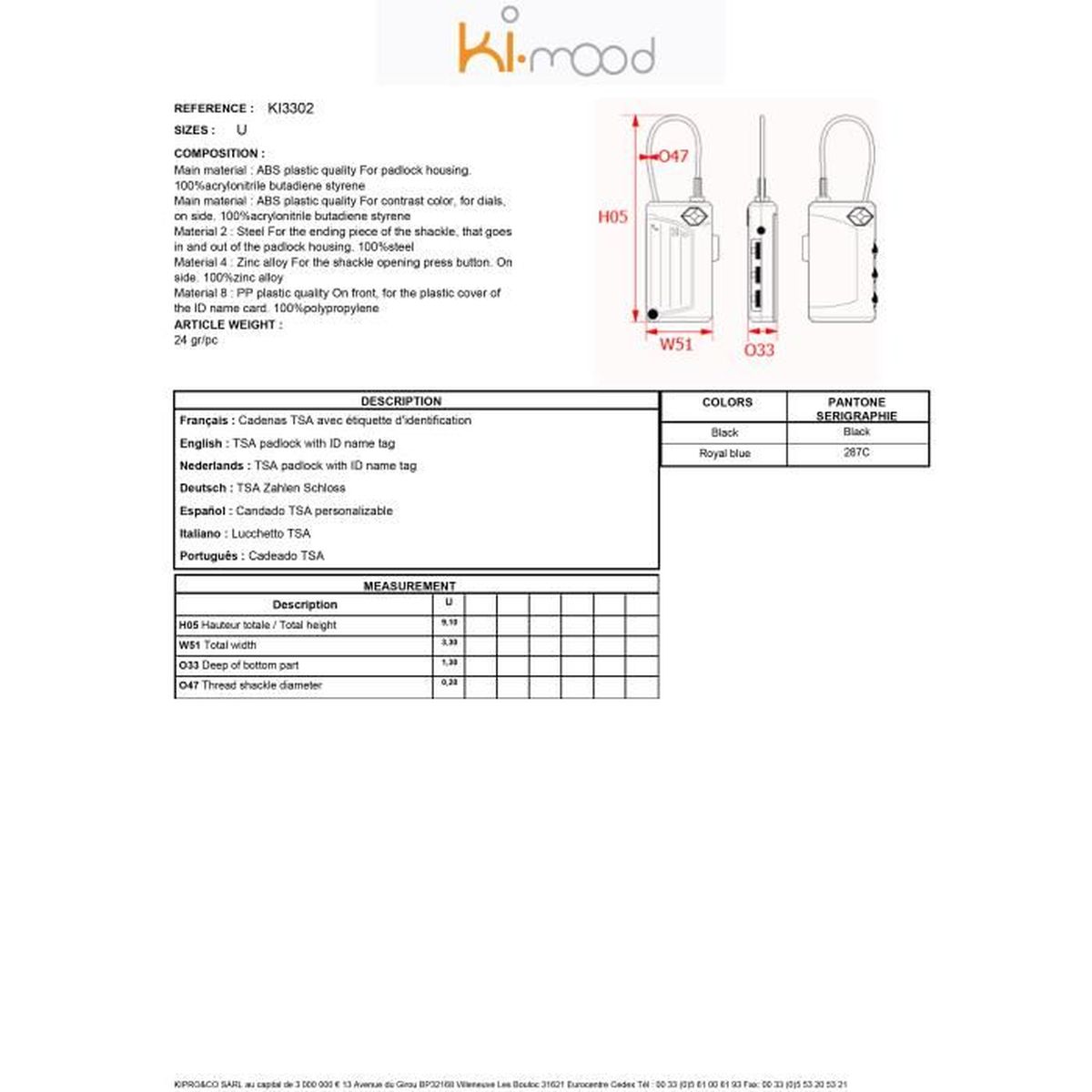 Kimood CADENAS TSA AVEC ÉTIQUETTE D'IDENTIFICATION 
