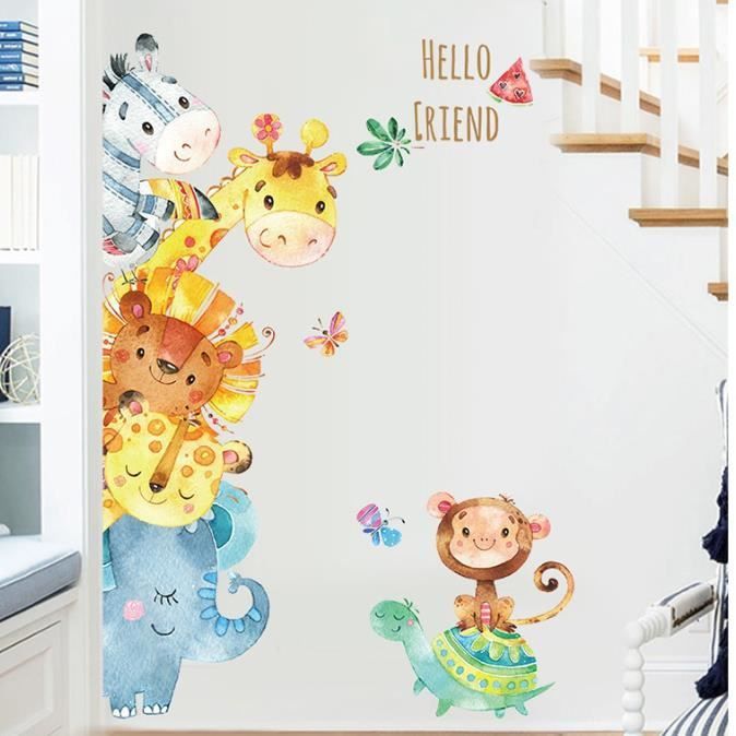 Stickers Muraux Animaux de la Jungle Autocollant Mural Safari Singe Lion Décoration  Murale Chambre Enfants Bébé Pépinière Salon - Cdiscount Maison