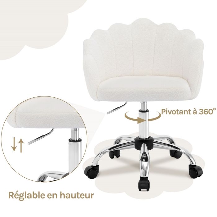 WOLTU Chaise De Coiffeuse Confortable - Fauteuil Pivotant En Tissu Bouclé Doux, Siège De Maquillage Réglable En Hauteur, Dossier Pétale Élégant, Idéal Pour Salon, Chambre Et Bureau, Blanc
