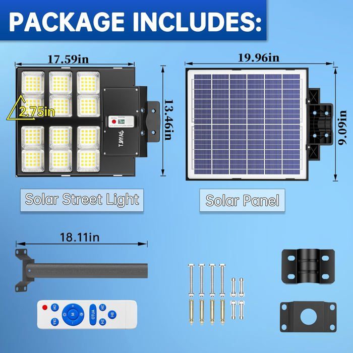 JAYNLT Lampadaire Solaire 2000W Extérieur – 6500K LED Puissant Avec Détecteur Mouvement & Télécommande – IP67 Étanche
