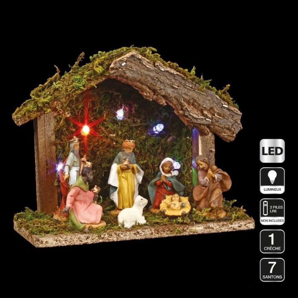 Crèche de Noel Lumineuse 7 Santon Ensemble 3 en 1 Lot Set Eclairée