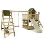 FATMOOSE Aire de jeux Portique bois JazzyJungle avec balançoire SurfSwing et toboggan vert sauge Maison enfant extérieure