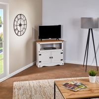 Meuble TV CAMPO banc télévision en pin massif blanc et brun avec 2 portes et 1 niche, meuble de rangement style mexicain en bois