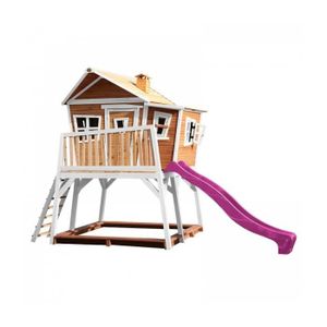MAISONNETTE EXTÉRIEURE Maisonnette pour enfants avec bac à sable et toboggan violet AXI Max en bois - Crooked - Marron & blanc
