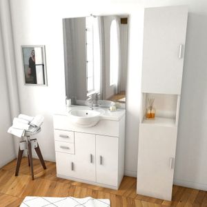 SALLE DE BAIN COMPLETE Ensemble de salle de bain blanc 80cm + vasque en céramique blanche + miroir LED + colonne 2 portes