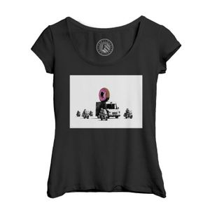 T-SHIRT T-shirt Femme Col Echancré Noir Banksy Donuts Escorte Police Capitalisme