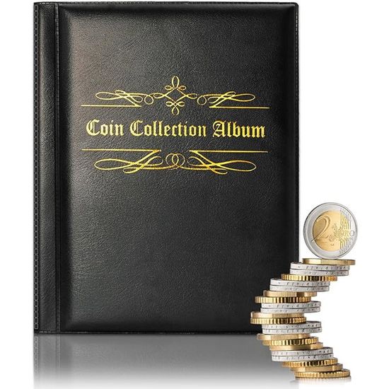 Album de rangement pour pièces de 2 euros - Album de collection avec 600 pochettes - 3 x 3 cm / 4 x 4,5 cm - Noir avec fermeture éclair