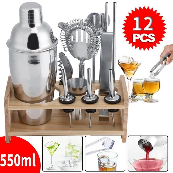 12Pièces - Set mélangeur outil barman en acier inoxydable shaker boisson bar 550ml