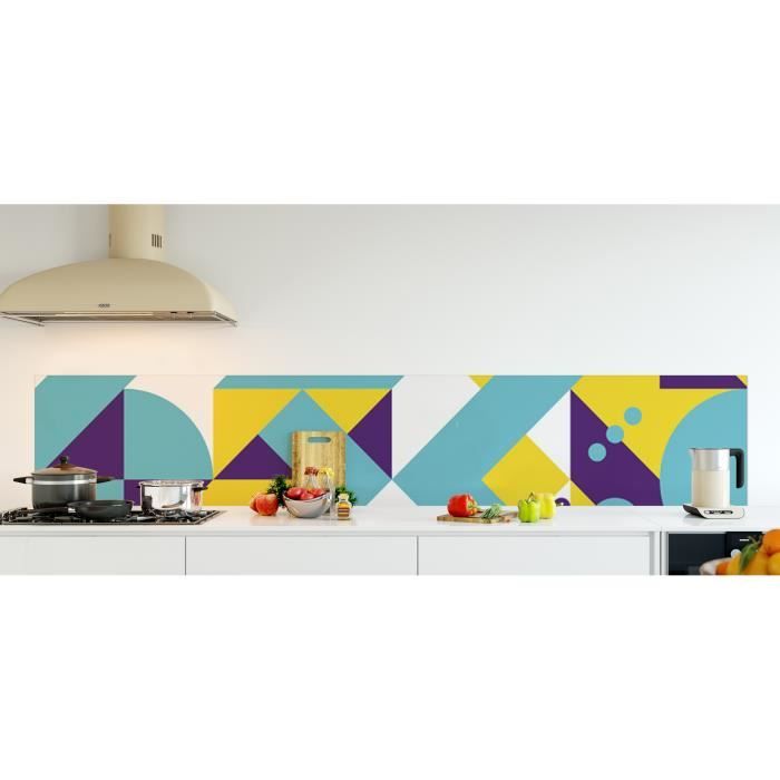 Crédence de cuisine adhésive en Verre de synthèse -Composition géométrique jaune, turquoise et violet style scandinave- L. 270 x...