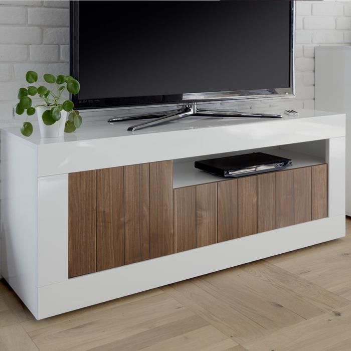 Meuble télé moderne couleur noyer et blanc laqué MABEL 4 L 140 x P 42 x H 56 cm Marron