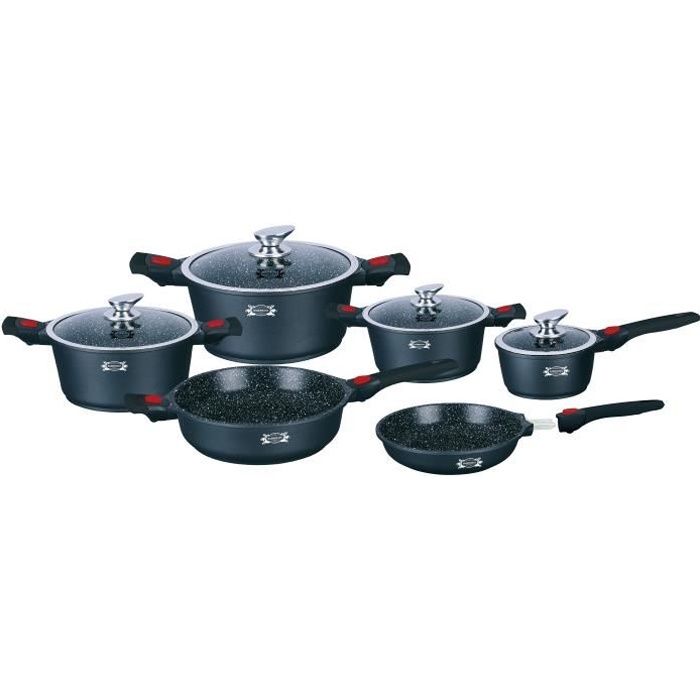 Haussmann Héritage®-Batterie de Cuisine 10 pièces revêtement marbré et couvercles verre(HS-1038S)