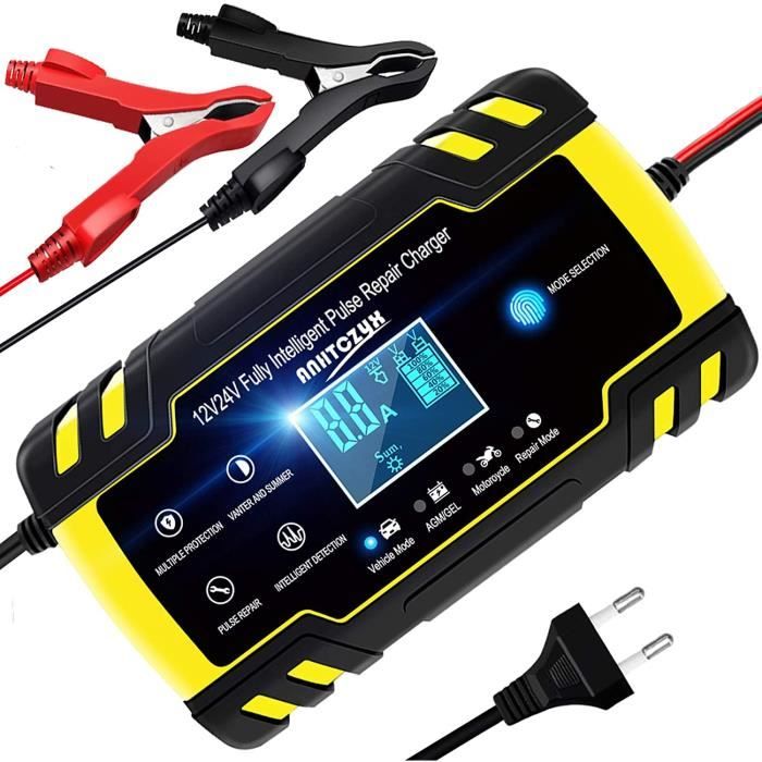 Chargeur de Batterie Intelligent Portable 8A 12V/24V LCD Écran avec Protections Multiples de réparation pour Batterie Voiture Moto