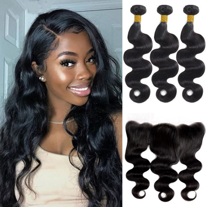 3bundles 100g-pcs Mèches Brésiliennes Remy Naturelles Avec Frontal Body Wave 13x4 Perruque Lace closure(28 30 32+22-closure)