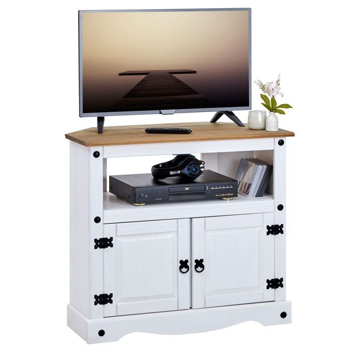 Meuble TV CAMPO banc télévision en pin massif blanc et brun avec 2 portes et 1 niche, meuble de rangement style mexicain en bois