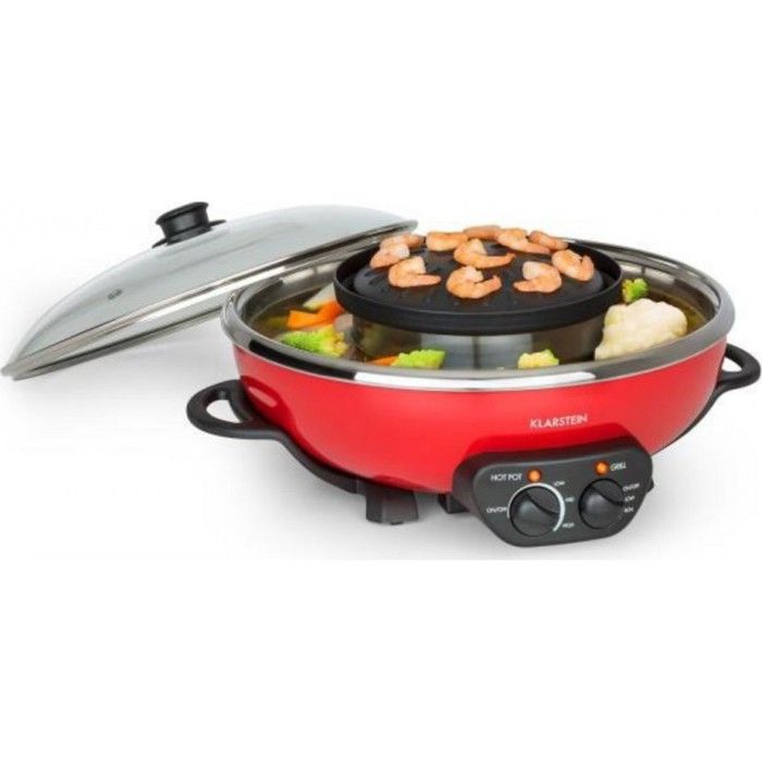 Klarstein Tafelrunde Appareil de cuisson 2-en-1 : Hot Pot 5 litres & plaque de grill Ø 22cm 1350W - Rouge