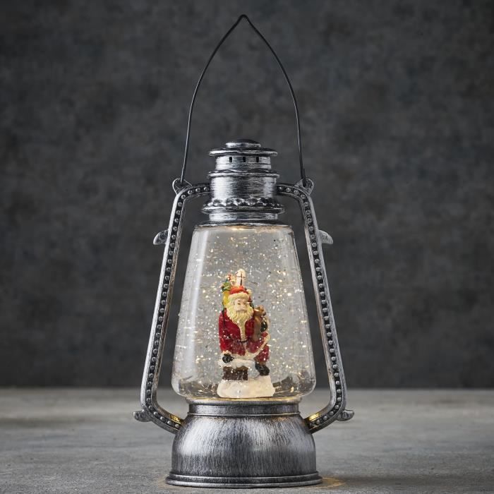 Lanterne pere noel argent blanc chaud led fonctionnant sur batterie - l15,5xb11xh24cm