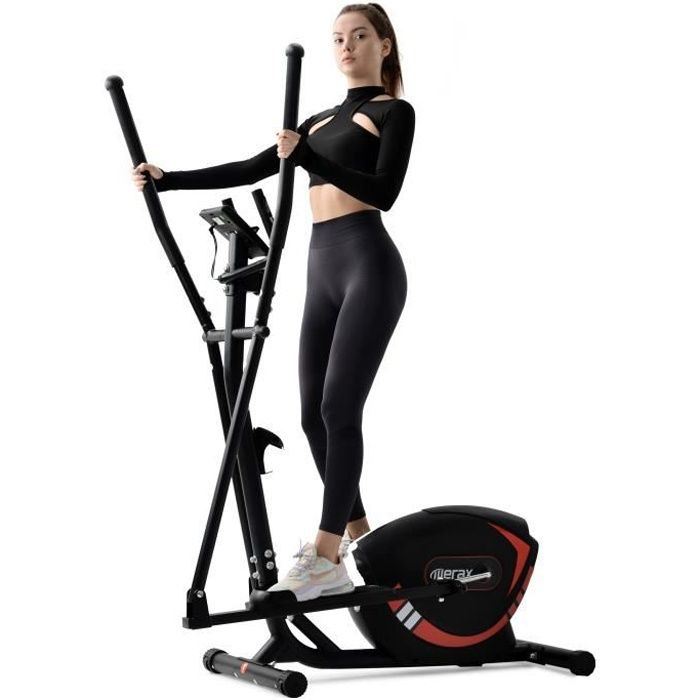 Vélo élliptique fitness magnétique,Crosstrainer avec écran LCD,Pouls à la main,Masse d'inertie 5 kg,8 niveaux de résistance,Rouge