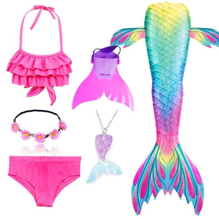 6PCS Ariel Deguisement Sirène Fille Queue de Sirène Enfant avec Monopalme Petite Sirene Fille Maillot de Bain