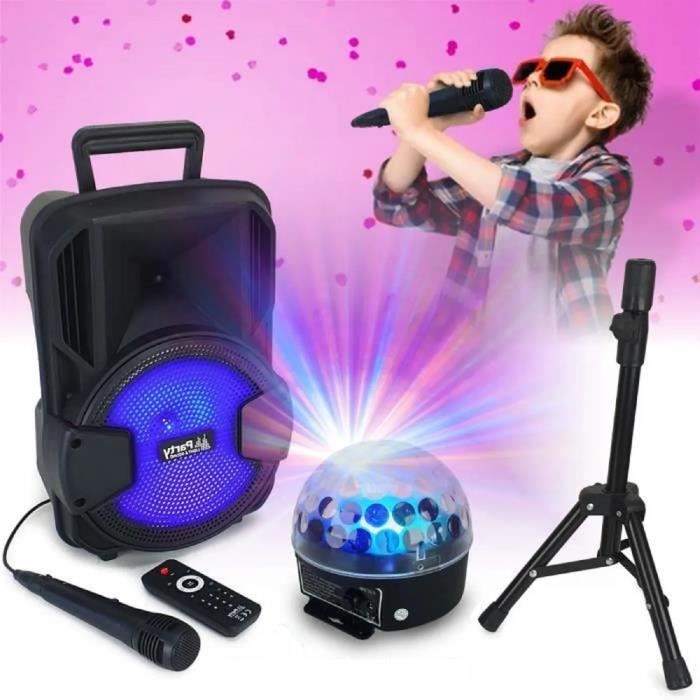 Enceinte Karaoke sur batterie Enfant PARTY-MOBILE8-SET USB Bluetooth - Télécommande - Pied - 2 Micro - Jeu Lumière Astro