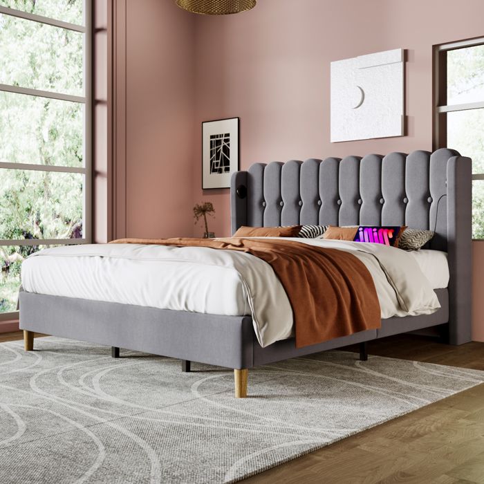 Lit Coffre 180x200 Avec Rangements Tête De Lit Et Ports USB + LED - Velours Beige, Sommier Lattes, 300 Kg Charge