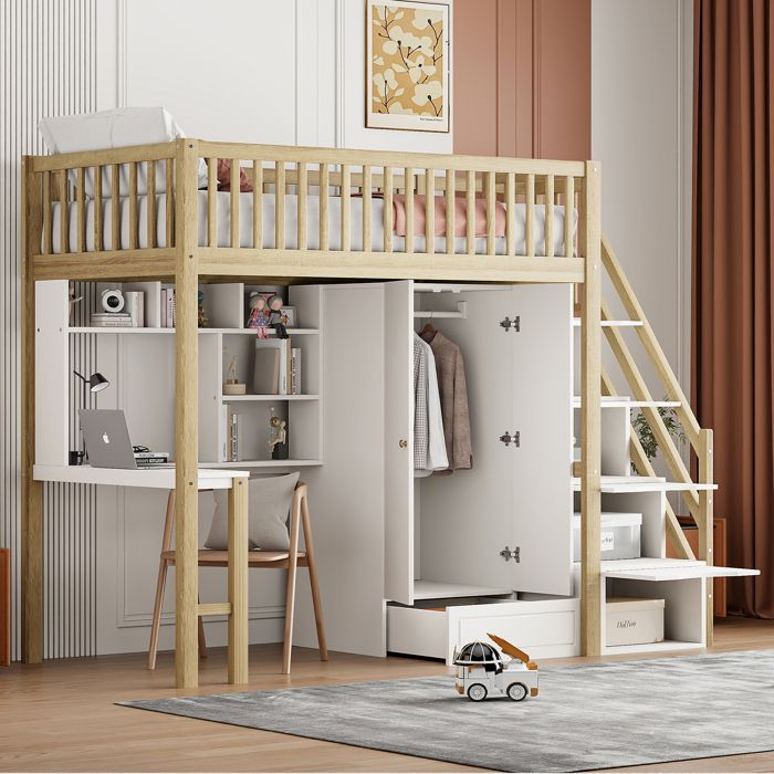 Lit mezzanine 90x200 cm - avec une penderie et un bureau - cadre de lit en bois - Blanc Lit mezzanine 90x200 cm - avec une penderie et un bureau - cadre de lit en bois - Blanc