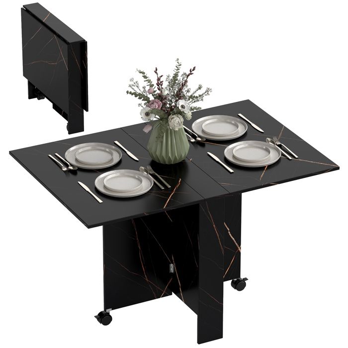 Table pliante cuisine - HOMCOM - 2 abattants - 2 roues avec freins - pour 6 personnes - 120 x 80 x 73 cm - noir marbré imitation