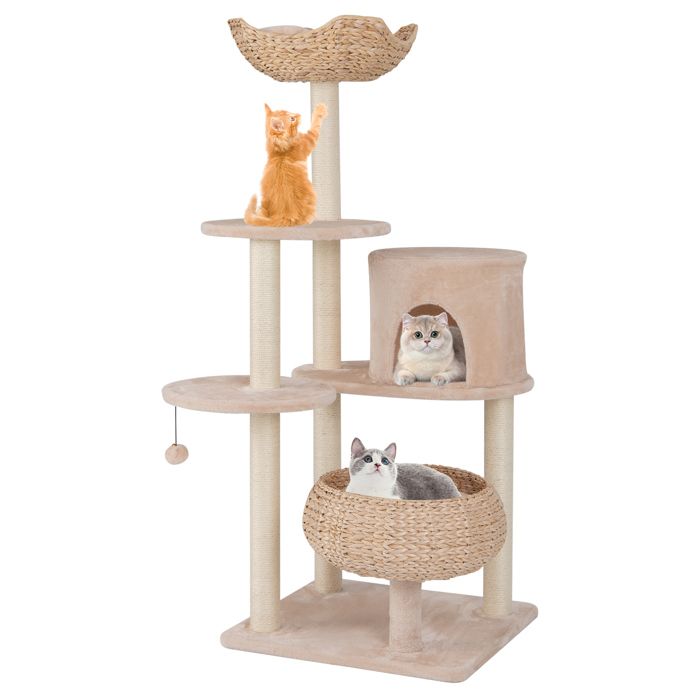 Comparer les prix de COSTWAY Arbre à Chat Multi-niveaux 146 cm, Poteaux à Gratter en Sisal, Perchoir, Balle Suspendue, Condo Privé, Coussins Lavables