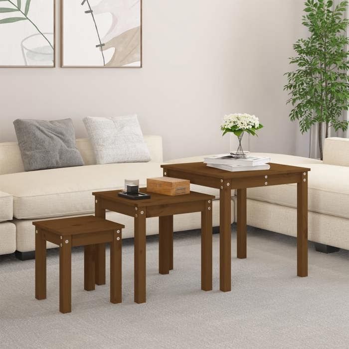 SALE 2025Tables à Café Scandinaves - Tables gigognes - Lot de 3 - Marron miel - Bois de pin massif 11 3 Kg 7854