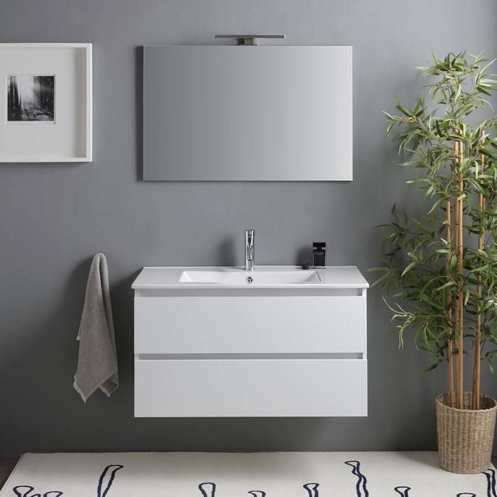 Meuble de salle de bains suspendu 90cm 2 tiroirs blanc brillant miroir avec lampe Benaco Meuble de salle de bains suspendu 90cm 2 tiroirs blanc brillant miroir avec lampe Benaco