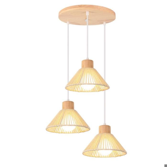 iDEGU 3lampes Suspensions Luminaires Industriel 22cm Lustre Vintage Abat-jour en Rotin Metal E27 Lumianire Plafonnier Retro Blanc