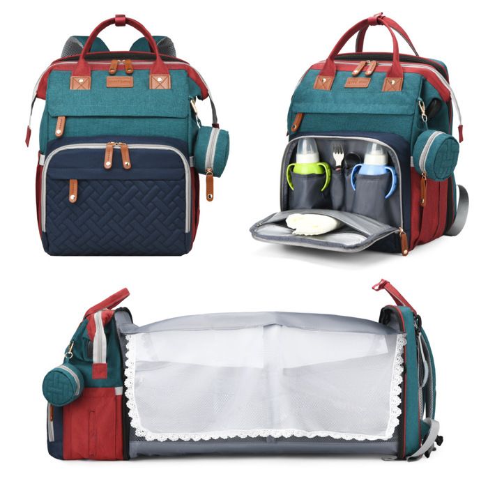 Sac de rangement double couche pour maman avec matelas à langer sac à dos de voyage sac pour bébé en cuir PU - Rouge vert et bleu