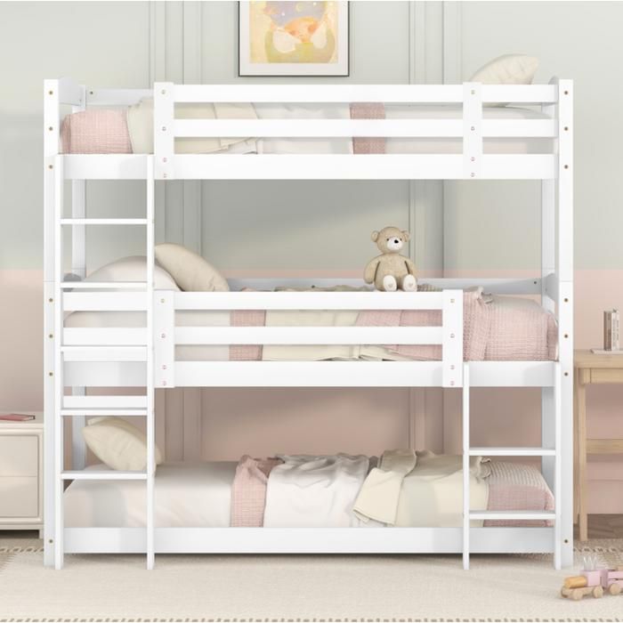 Lit superposé 90 x 200 cm pour enfant avec grille 3 lits superposés avec échelle en bois sans matelas en pin et MDF blanc