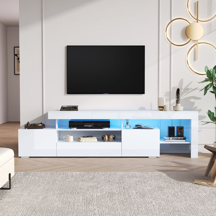 Meuble TV Moderne Banc TV avec Éclairage LED 3 Portes et Rangement Ouvert en Bois et Blanc Laqué 192x37x53 cm Meuble TV Moderne Banc TV avec Éclairage LED 3 Portes et Rangement Ouvert en Bois et Blanc Laqué 192x37x53 cm
