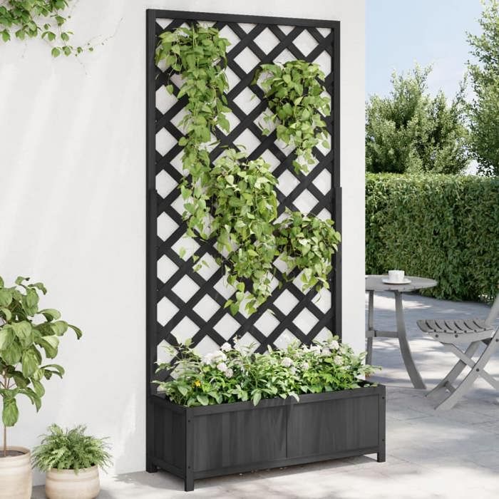 Noir Jardinière avec treillis - Balconnière/Bac à Fleurs avec Treillis - noir bois massif de sapin &HSF7682379