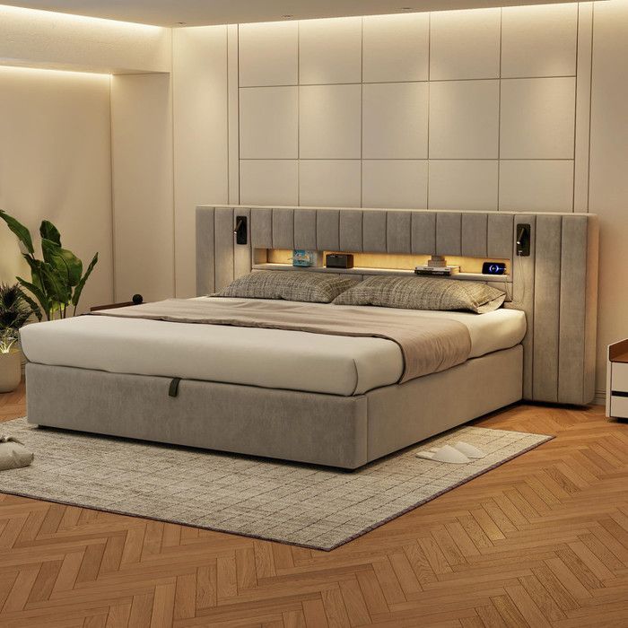 Cadre de lit - TRUXEN8 - 180x200 cm - Velours gris - USB - LED - Rangement