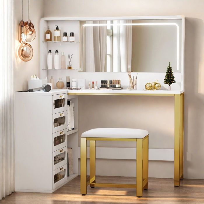 Coiffeuse Grande avec Miroir et Tabouret LED Réglable 5 Tiroirs de Rangement 120×80×135cm Blanc