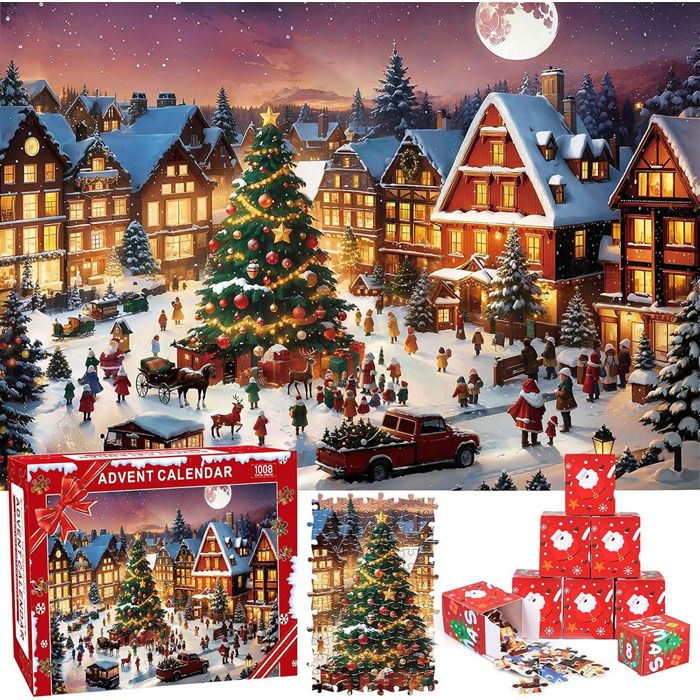 Calendrier de l'Avent 2024 Puzzle Adulte Enfant Cadeau de Noël, 24 Boîtes de Puzzles pour Compte à Rebours Jusqu'à Noël, 1008 Pièces Casse-tête de Noël, Décoration d'intérieur Cadeaux de Noël (E