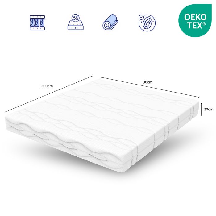 Matelas 180x200 Ressort Ensachés 20 cm Épaisseur H3 Ferme Matelas Mémoire de Forme Réversible Amovible Mousse Cellulaire à