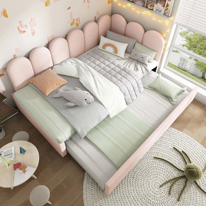 Lit coffre 90x200cm - avec canapé-lit gigogne 90x190cm - sommier à lattes métalliques - lit enfant - velours - rose