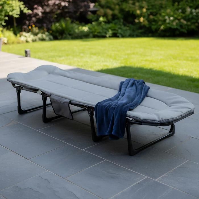 Lit De Camping Pliant KOMFOTTEU – Dossier 6 Positions, Matelas Amovible, Pieds Pivotants 360°, 194x66x29 Cm – Gris, Pour Jardin, Voyage