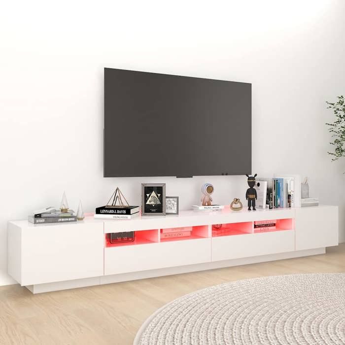 NEUF Armoire TV - Blanc - Meuble TV - TABLE TV - avec lumières LED - Blanc 260x35x40 cm - TT2886